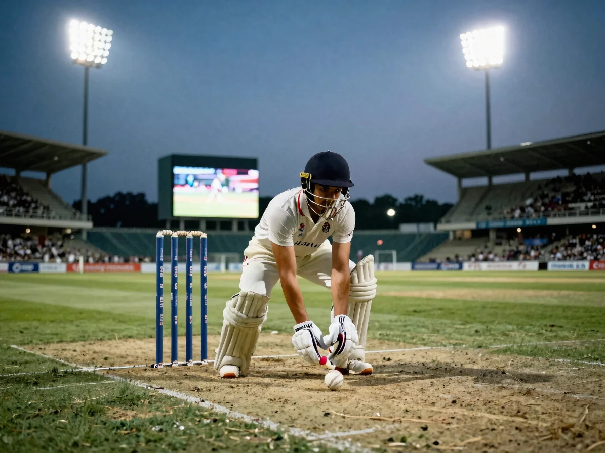 Editorial 35mm photograph of a cricket fielder crouched in a stad