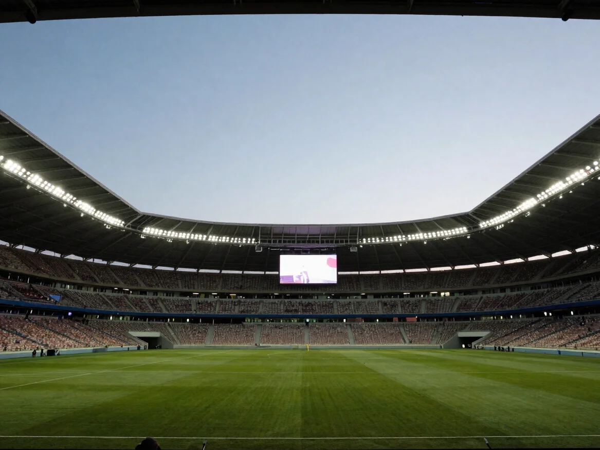 Editorial 35mm wide frame of an empty stadium stand under evening